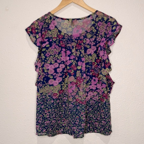 Lucky Brand Flutter Sleeve Top Floral Purple/Navy Pin Tuck Peplum Women’s Size M - Picture 10 of 10